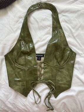 Faux Leather Lace Up Plunge Halter Neck Top